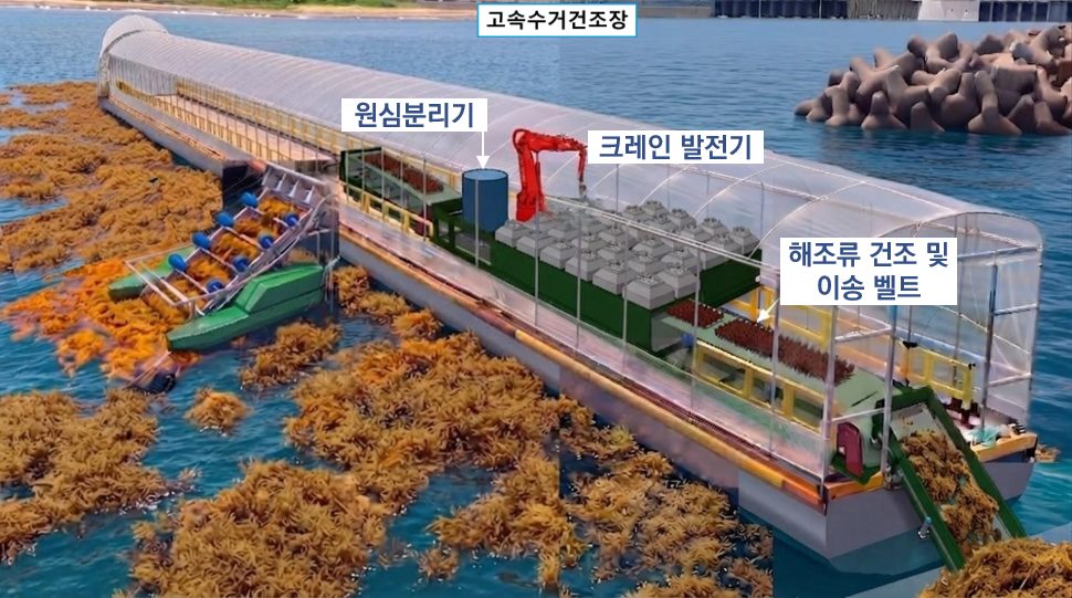 Render conceptual de una barcaza flotante de cosecha y secado de sargazo con centrífuga, grúa y banda transportadora